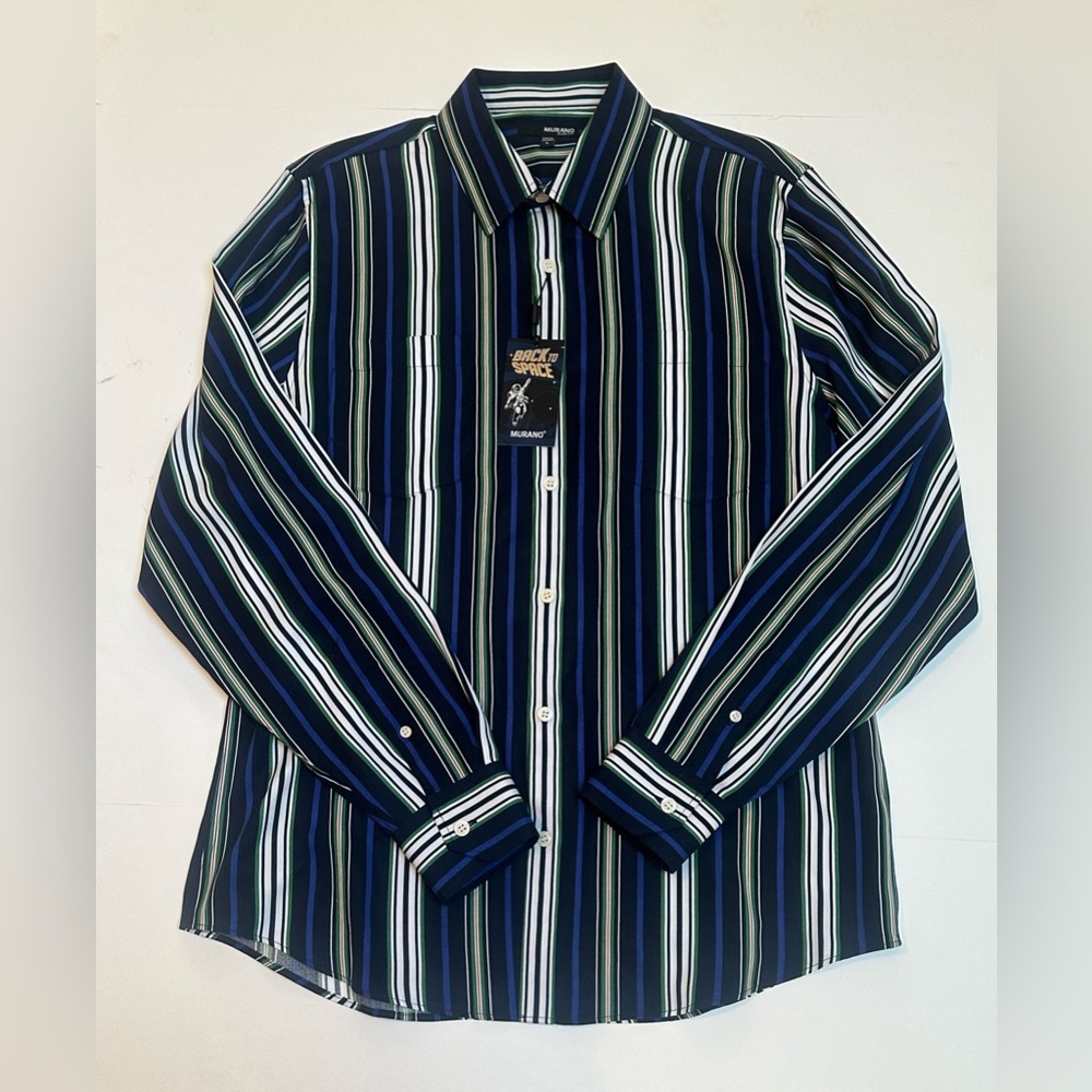 Murano "Back to Space" Stripe Button Collard Long Sleeve Shirt Size Large Slim